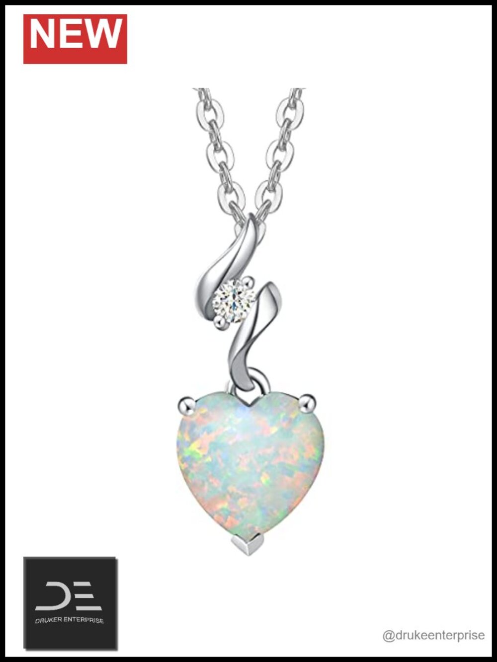14K White Gold Opal Heart Pendant Necklace Sterling Silver Chain Fine Jewelry